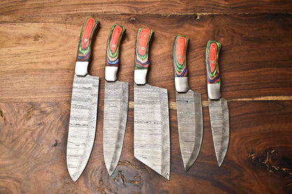 Set of 5 Handmade Hammered Damascus Steel Chef Knives – 10" to 13" Full Tang Kitchen Blades