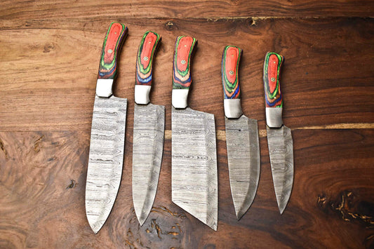 Set of 5 Handmade Hammered Damascus Steel Chef Knives – 10" to 13" Full Tang Kitchen Blades