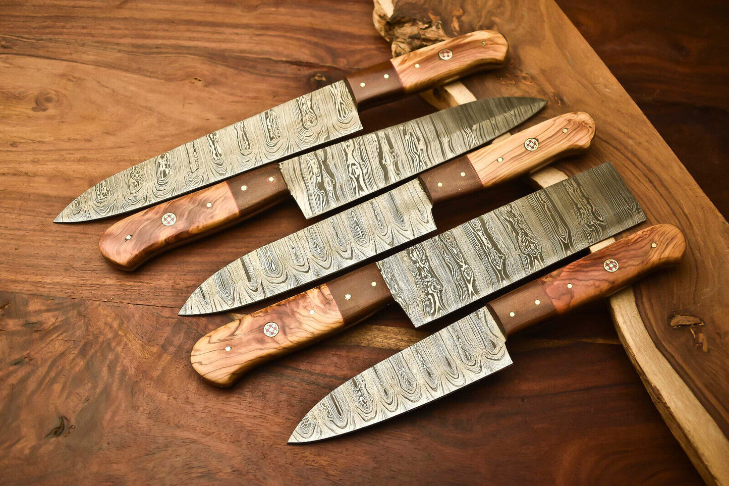 Set of 5 Handmade Hammered Damascus Steel Chef Knives – Custom Crafted Blades