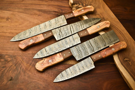 Set of 5 Handmade Hammered Damascus Steel Chef Knives – Custom Crafted Blades