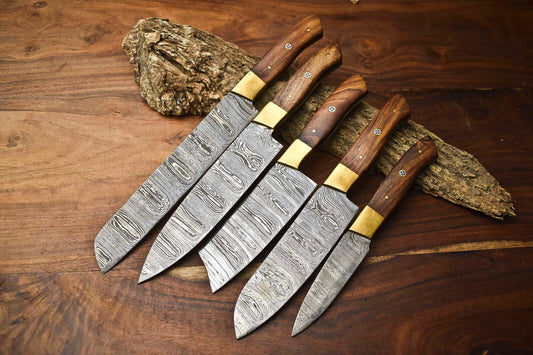 Set of 5 Handmade Hammered Damascus Steel Chef Knives – Premium Damascus Blade Collection