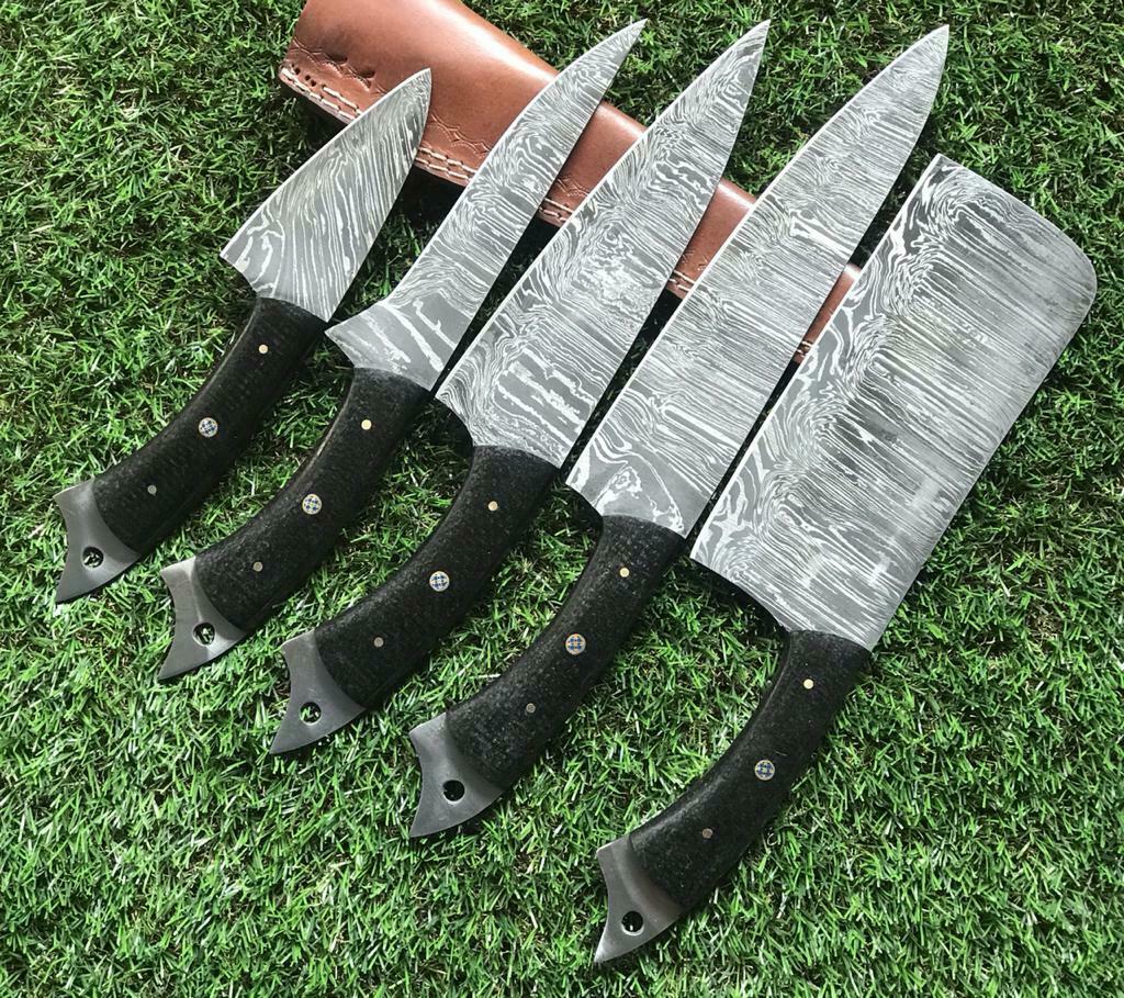 Set of 5 Handmade Twist Damascus Chef Knife Set With Pakka Wood Handle & Sheath