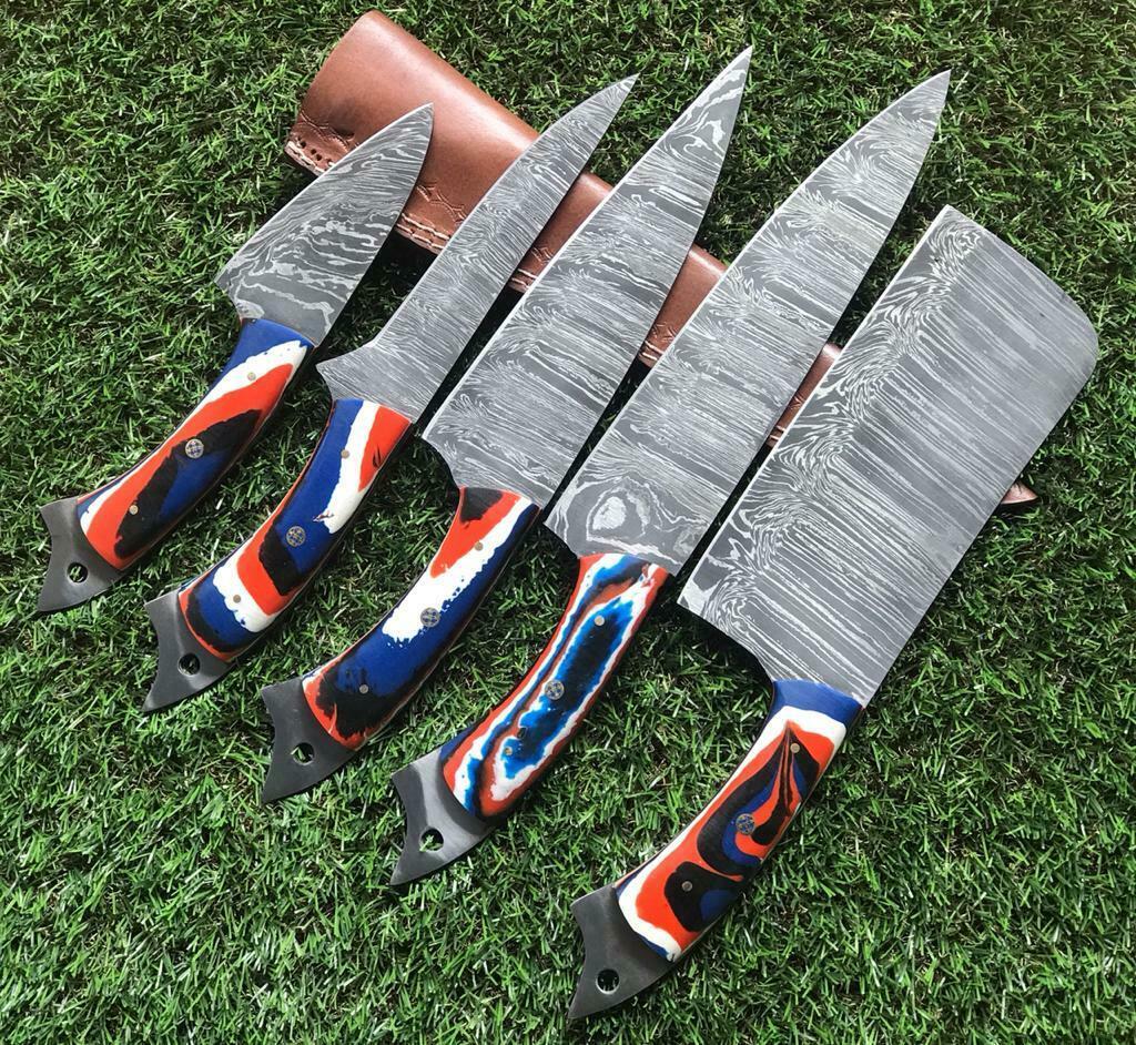 Set of 5 Handmade Twist Damascus Steel Chef Knife Set Damascus Steel Knife Set W/Sheath