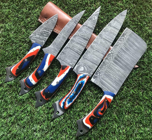 Set of 5 Handmade Twist Damascus Steel Chef Knife Set Damascus Steel Knife Set W/Sheath