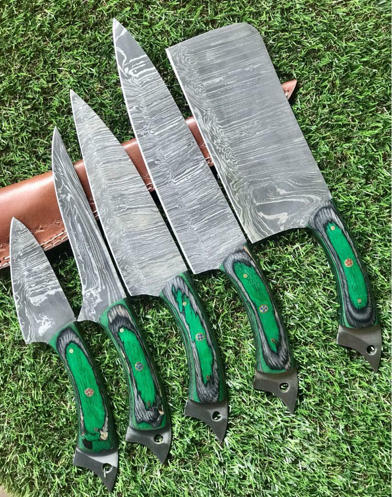 Set of 5 Handmade Twist Damascus Steel Chef Knife Set Full Tang Pakka Wood Handle
