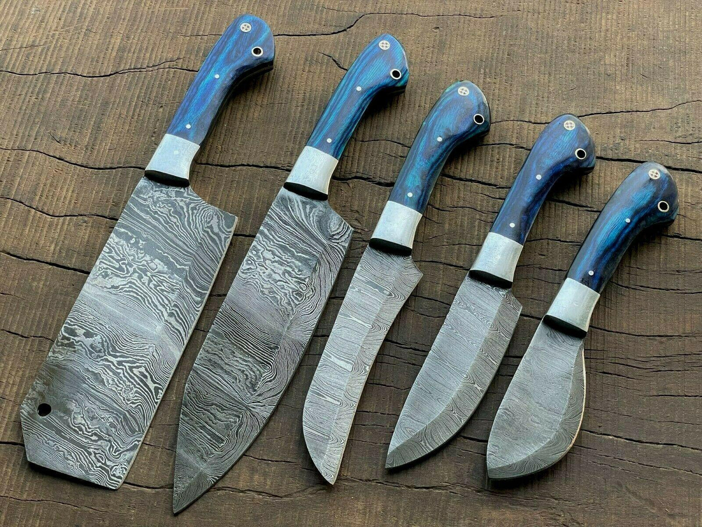 Set of 5 Piece Handmade Damascus Steel Chef Knife Set With Pakka Wood Handle & Sheath