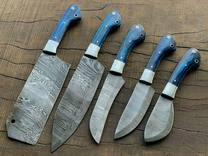 Set of 5 Piece Handmade Damascus Steel Chef Knife Set With Pakka Wood Handle & Sheath
