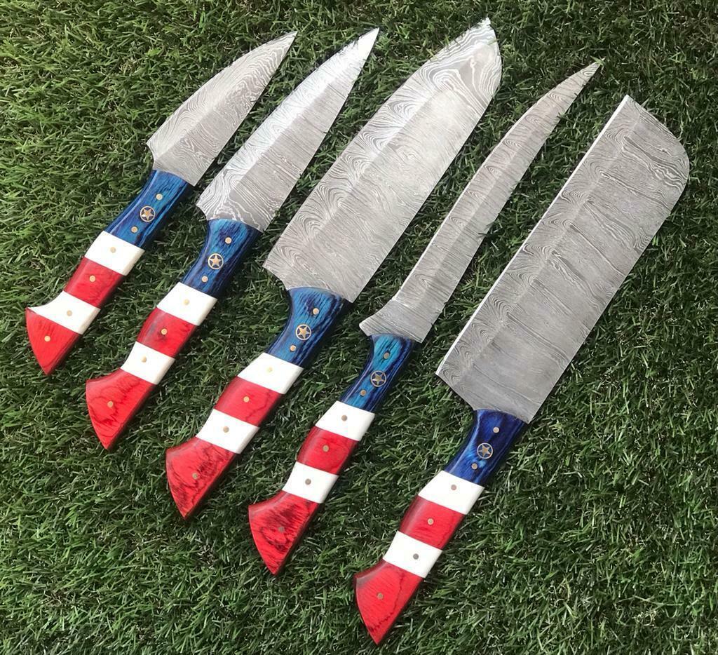 Set of 5 Premium Custom Handmade Twist Damascus Chef Knife Set With Paka Wood Handles