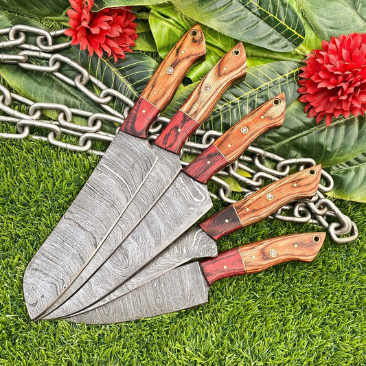 Set of 5 Premium Damascus Steel Full Tang Chef’s Knife Set Custom Forged Kitchen Knives