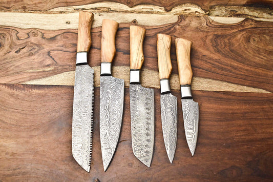 Set of 5 Premium Handmade Damascus Steel Chef Knife Set With Leather Sheath