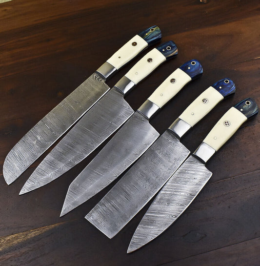 Set of 5 White Beer Custom Handmade Damascus Chef Knife Set Camel Bone Handles