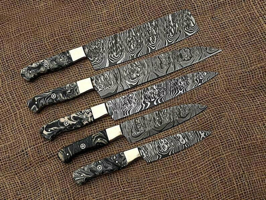 Set of 5 pieces Handmade Damascus Chef Knife Set Professional Resin Handle Kitchen Kit