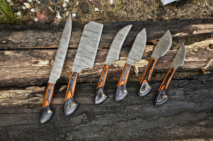 Set of 6 Custom Damascus Steel Knife Set Forged Kitchen Knives With Pakka Wood Handles 