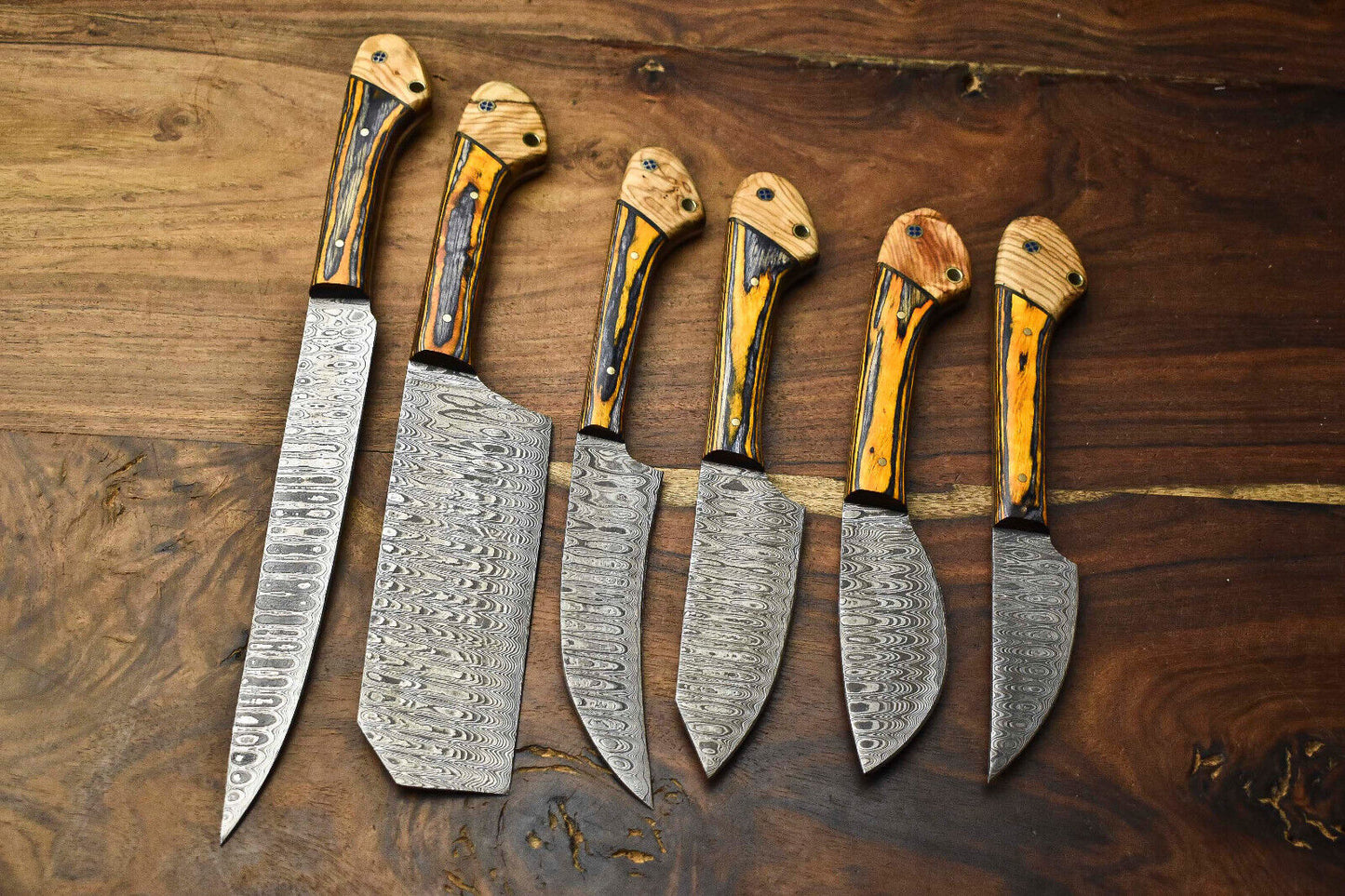Set of 6 Custom Handmade Damascus Steel Knife Set Best Knife Set With Leather Sheath 