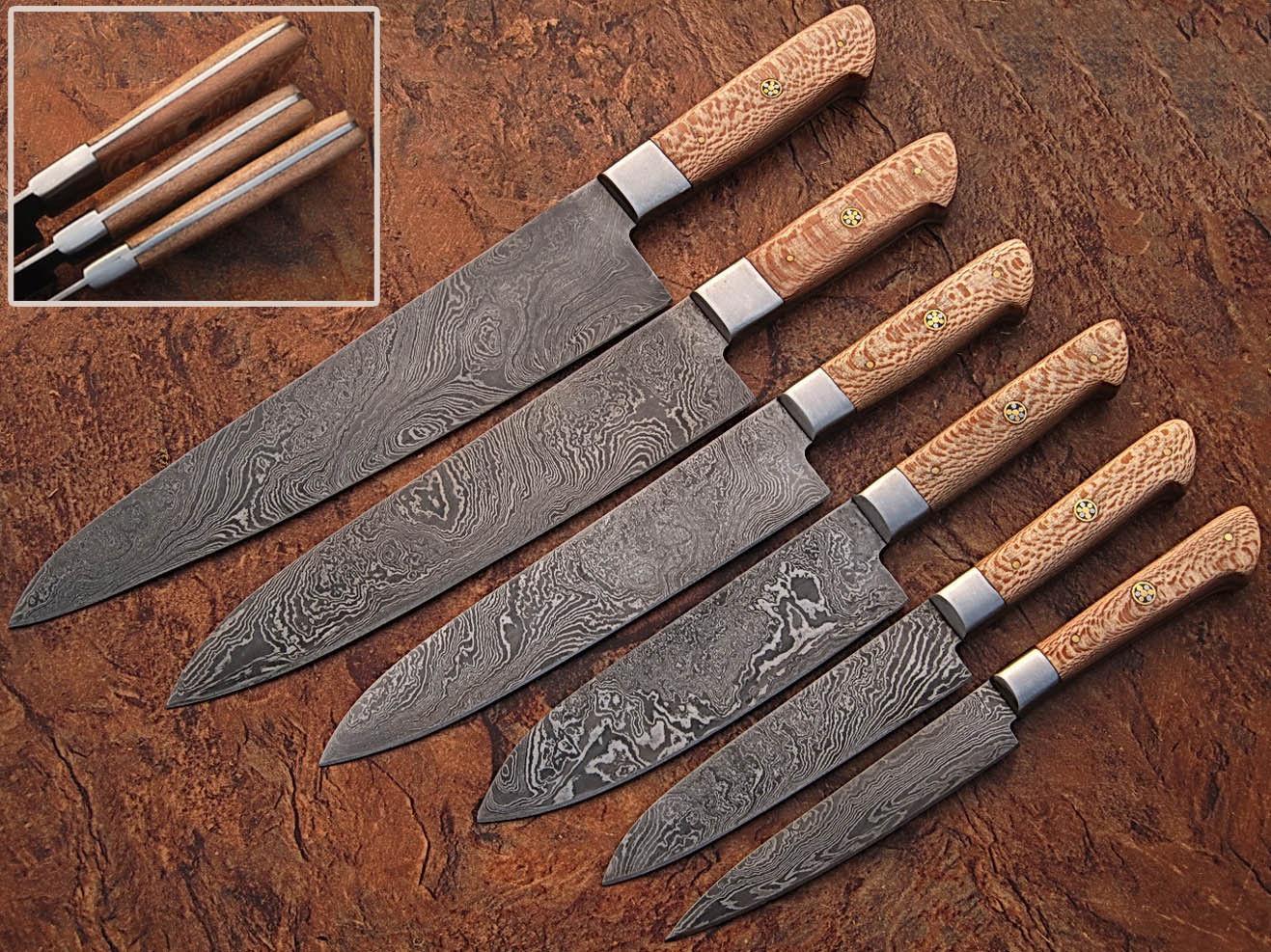 Set of 6 Custom Handmade Damascus Steel Knife Set Forged Kitchen Knives With Leather Sheath
