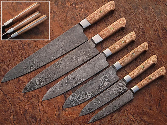 Set of 6 Custom Handmade Damascus Steel Knife Set Forged Kitchen Knives With Leather Sheath