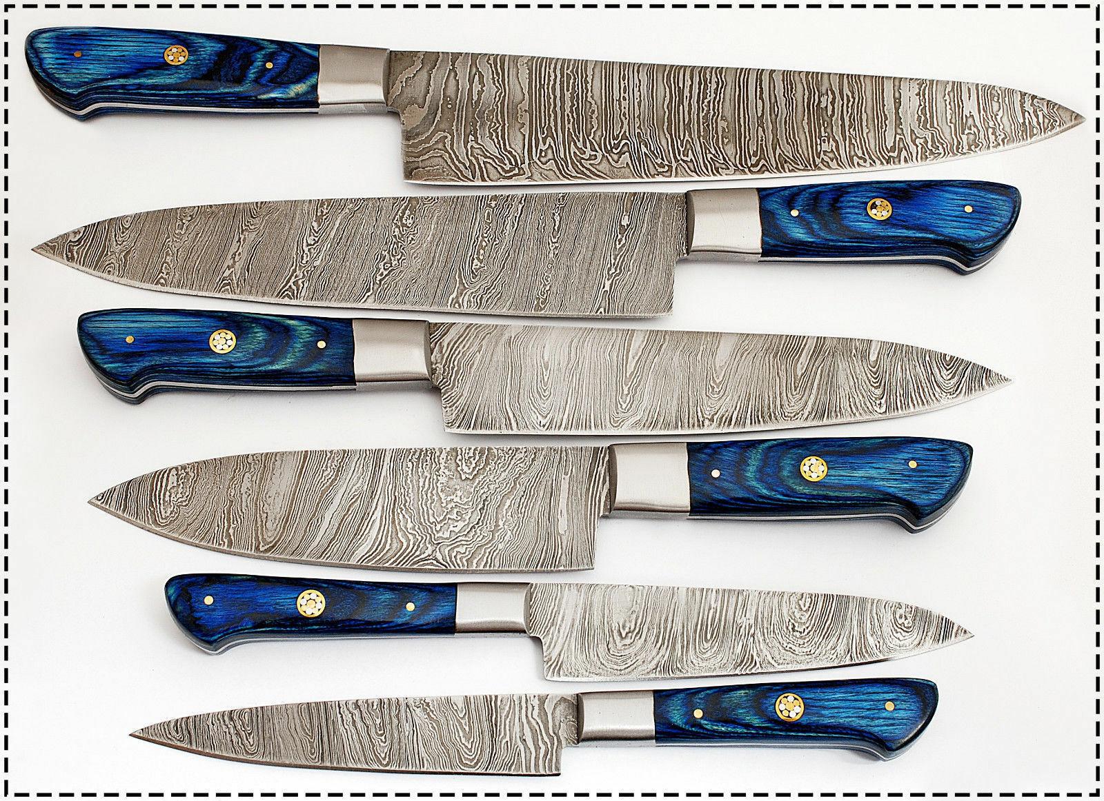 Set of 6 Custom Handmade Damascus Steel Knife Set Kitchen Knives Set Blue Wood Handles