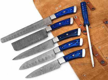Set of 6 Custom Handmade Damascus Steel Knife Set With Blue Pakka Wood Handles & Sheath