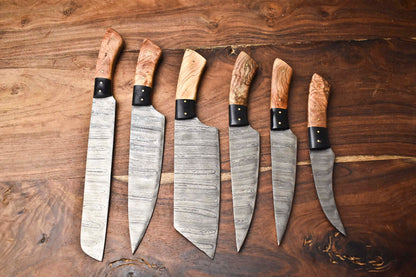 Set of 6 Custom Handmade Hammered Damascus Steel Knife SetForged Kitchen Knives W/Sheath