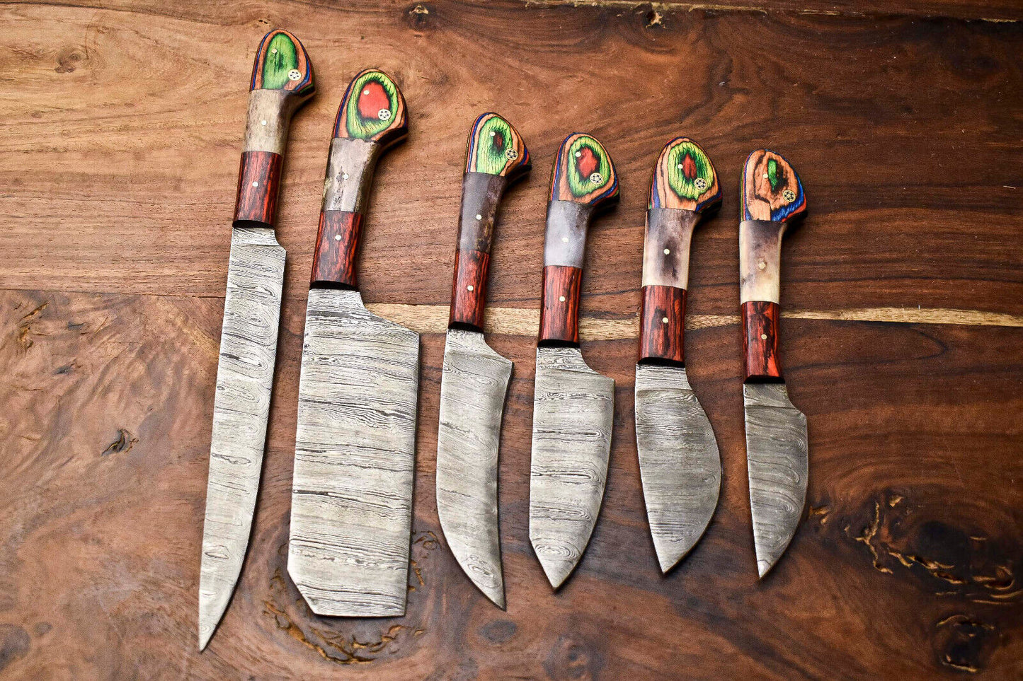 Set of 6 Custom Handmade Hammered Damascus Steel Knife Set Best Kitchen Knives Set w/sheath