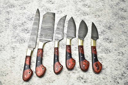 Set of 6 Handmade Damascus Steel Chef Knife Set Best Kitchen Knives With Leather Sheath