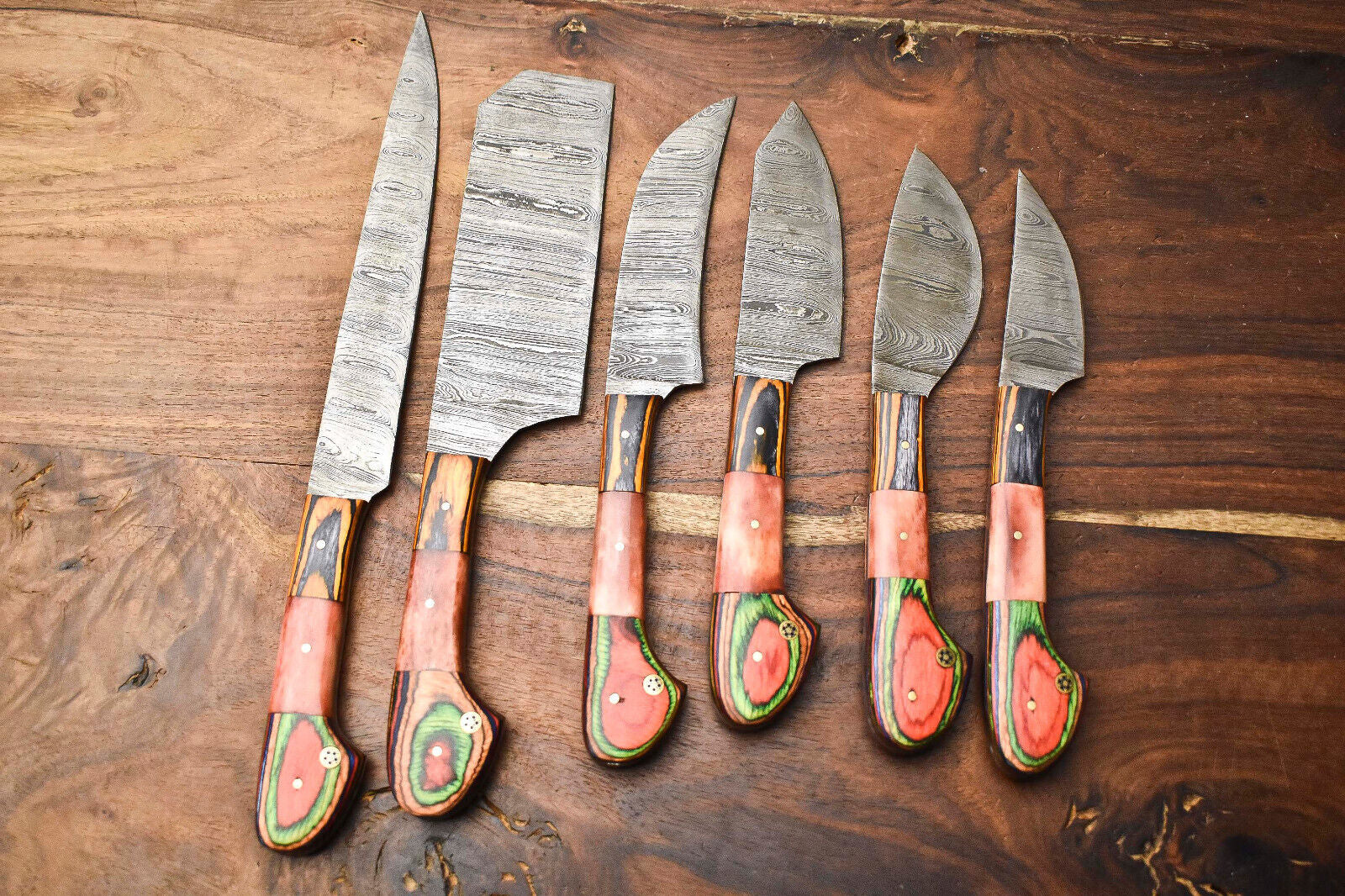 Set of 6 Handmade Damascus Steel Knife Set Best Knife Sets With Pakka Wood Handle & Sheath
