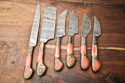 Set of 6 Handmade Damascus Steel Knife Set Best Knife Sets With Pakka Wood Handle & Sheath

