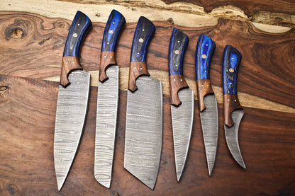 Set of 6 Handmade Damascus Steel Knife Set Custom Chef Knives with Hardwood Handles