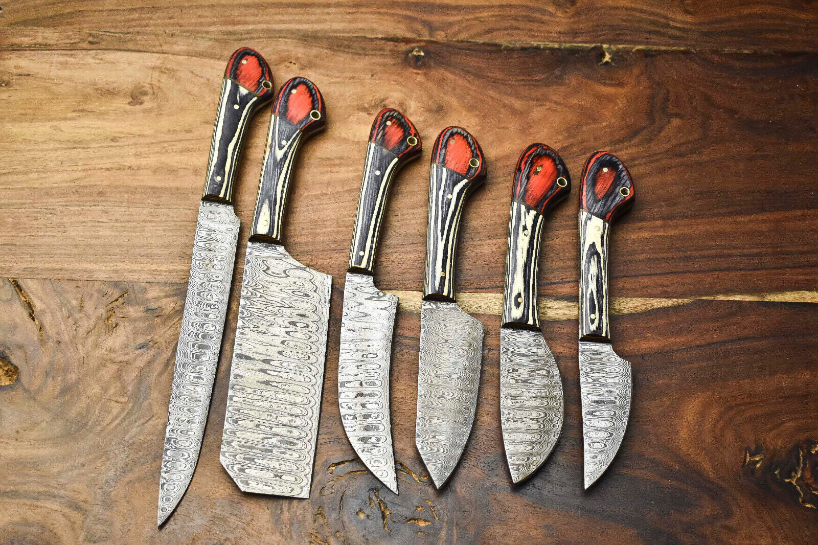 Set of 6 Handmade Damascus Steel Knife Set Forged Kitchen Knives With Pakka Wood Handle 