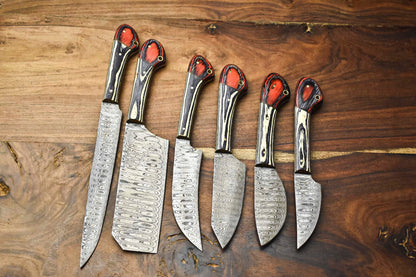 Set of 6 Handmade Damascus Steel Knife Set Forged Kitchen Knives With Pakka Wood Handle 