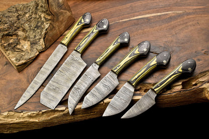Set of 6 Handmade Damascus Steel Knife Set Forged Kitchen Knives With Pakka Wood Handles