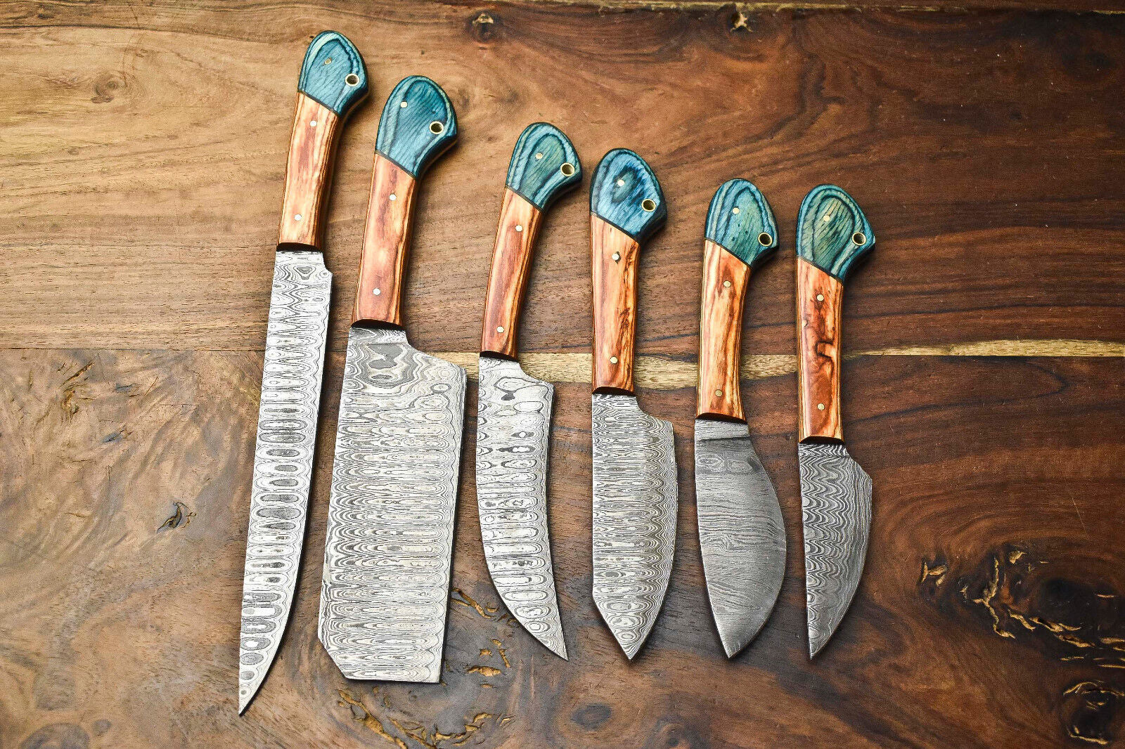 Set of 6 Handmade Hammered Damascus Steel Knife Set Best Knife Sets With Leather Sheath 