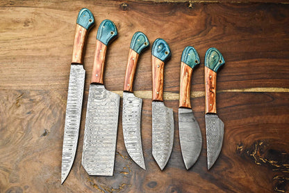 Set of 6 Handmade Hammered Damascus Steel Knife Set Best Knife Sets With Leather Sheath 