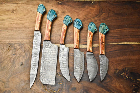Set of 6 Handmade Hammered Damascus Steel Knife Set Best Knife Sets With Leather Sheath 