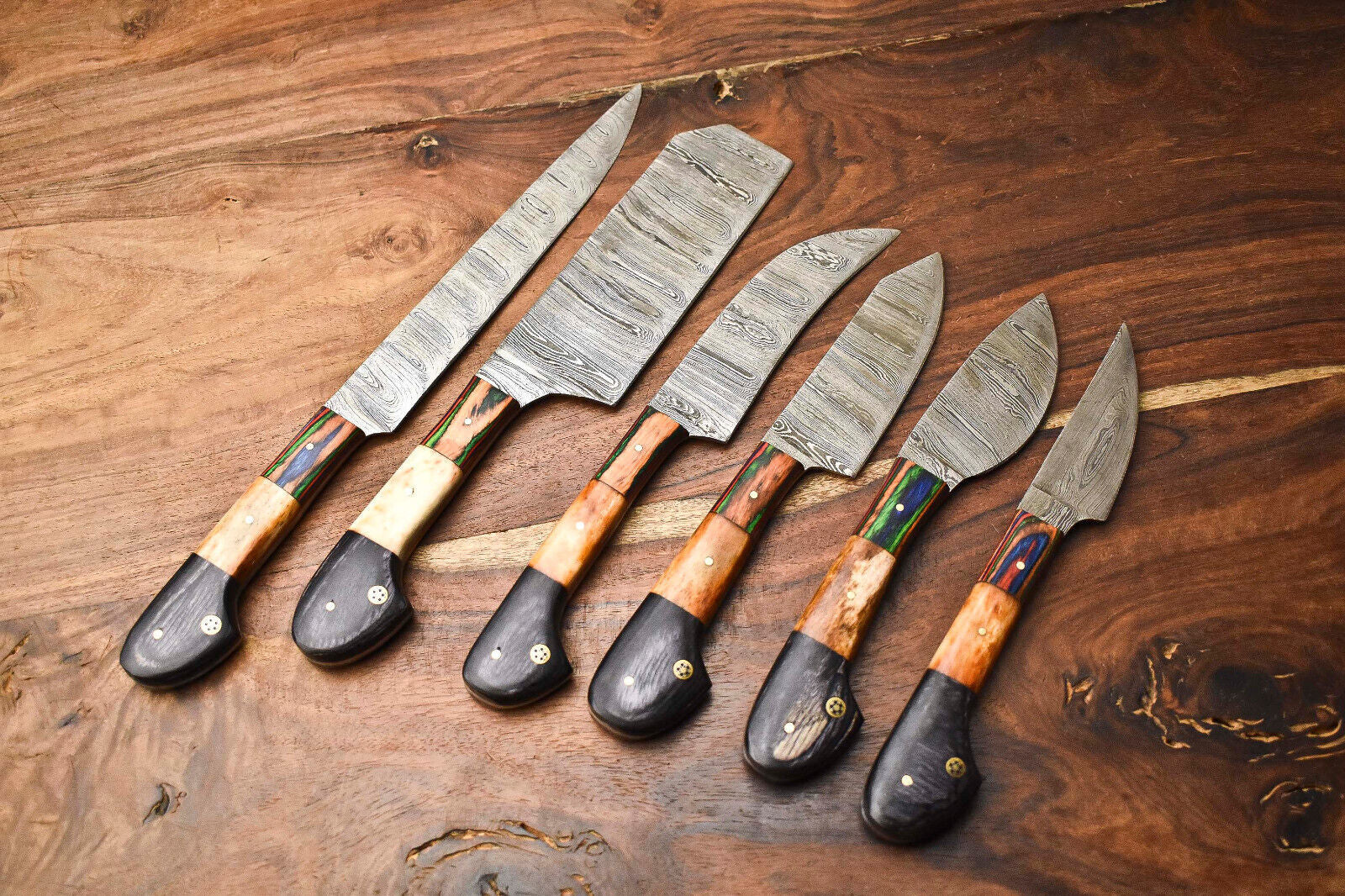 Set of 6 Handmade Hammered Damascus Steel Knife Set Best Knife Sets With Pakka Wood Handle 