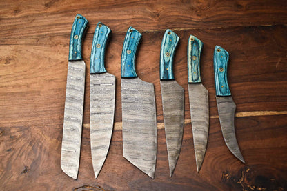 Set of 6 Premium Handmade Damascus Steel Knife Set Best Kichen Knife Set with Leather Bag