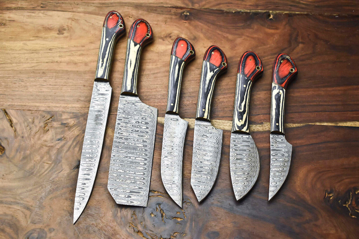 Set of 6 Premium Handmade Hammered Damascus Steel Knife Set Custom Chef Knives W/Sheath 