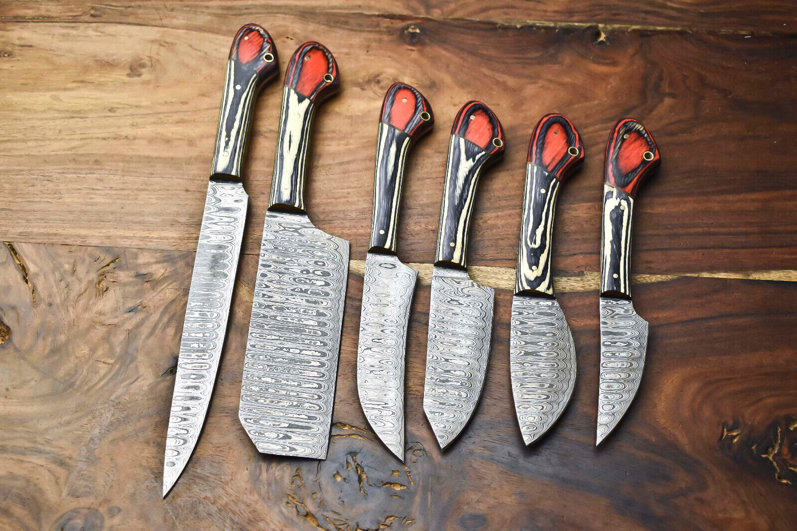 Set of 6 Premium Handmade Hammered Damascus Steel Knife Set Custom Chef Knives W/Sheath 