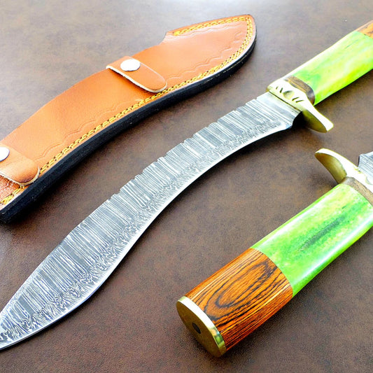 Shadowfang 15 Inch Damascus Kukri Bowie Knife | Hunting & Camping Dagger with Leather Sheath
