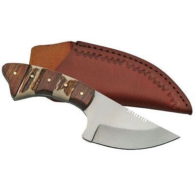 Short Skinner Knife – 3.25" Stainless Steel Blade with Grooved Stag & Wood Handle + Leather Sheath