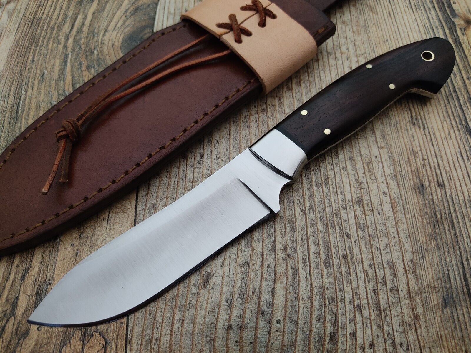 Skinner Camping Knife – 9.1" Stainless Steel Blade with Wood Handle & Leather Sheath
