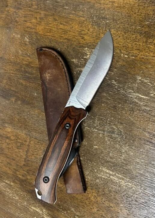 Skinner Fixed Blade Knife – 5" Drop Point Stainless Steel, Stabilized Wood Handle, Leather Sheath