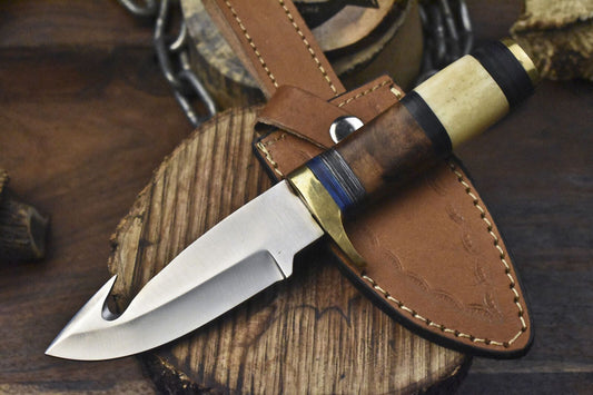 Skinner Knife – AUS-8 Steel, Bone & Wood Handle, Brass Guard, Hunting Knife