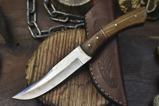 Skinner Knife – AUS-8 Steel, Walnut Wood Handle, Wooden Bolster, EDC Hunting Knife