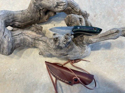 Small Damascus Steel Skinner Knife | Wood Handle | Leather Sheath | Hunting Knife