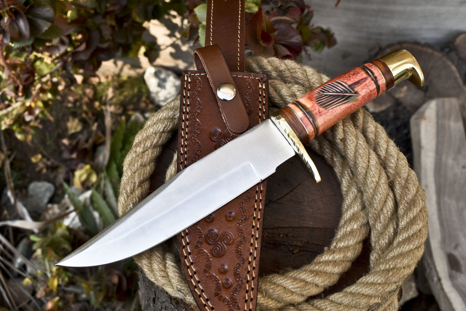 Sports D2 Steel Bowie Knife with Camel Bone Handle & Brass Guard – Handmade EDC Hunting Knife