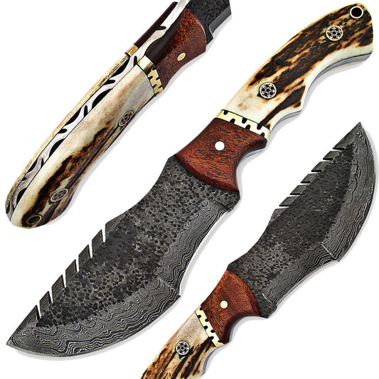 Stag Handle Handmade Damascus Tracker Knife – 9.75" Full Tang Hunting & Camping Knife with Leather Sheath