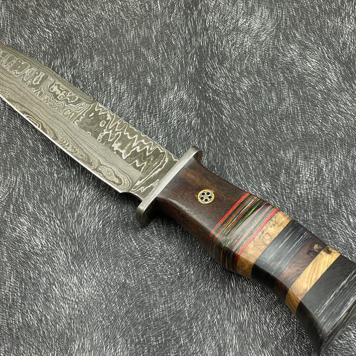  Damascus Steel Bowie Knife with Multi Color Hardwood Handle 12 Inch