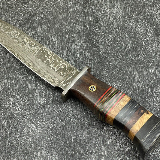  Damascus Steel Bowie Knife with Multi Color Hardwood Handle 12 Inch