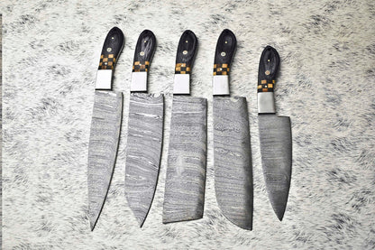 Stunning 5-Piece Handmade Hammered Damascus Steel Chef Knife Set – Custom Lot